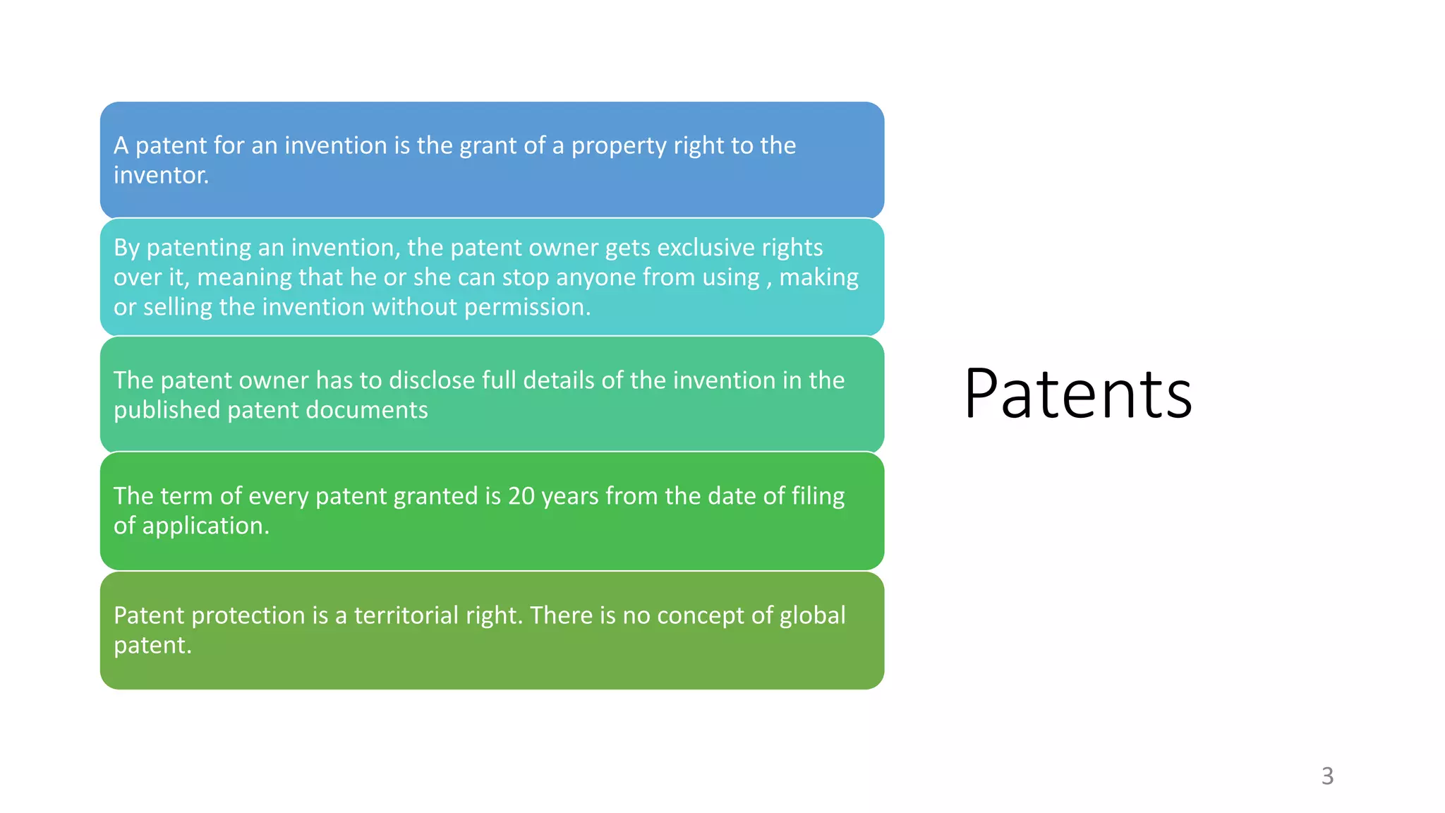 Patents
3
A patent for an invention is the grant of a property right to the
inventor.
By patenting an invention, the patent owner gets exclusive rights
over it, meaning that he or she can stop anyone from using , making
or selling the invention without permission.
The patent owner has to disclose full details of the invention in the
published patent documents
The term of every patent granted is 20 years from the date of filing
of application.
Patent protection is a territorial right. There is no concept of global
patent.
 