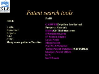 Patent search tools FREE Uspto Espacenet Depatis PAJ CIPO Many more patent office sites PAID CASWEB Delphion  Intellectual Property Network Dialog GetThePatent.com IPOrganizer.com IP Search Engine  Lexis-Nexis MicroPatent PATSCAN Questel  Orbit Patent Database SCIFINDER Shadow Patent Office STN SurfIP.com 