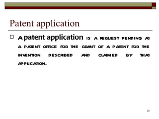 Patent application A  patent application  is a request pending at a patent office for the grant of a patent for the invention described and claimed by that application. 