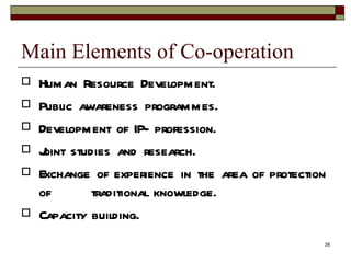 Main Elements of Co-operation Human Resource Development.  Public awareness programmes.  Development of IP- profession. Joint studies and research. Exchange of experience in the area of protection of  traditional knowledge.  Capacity building. 