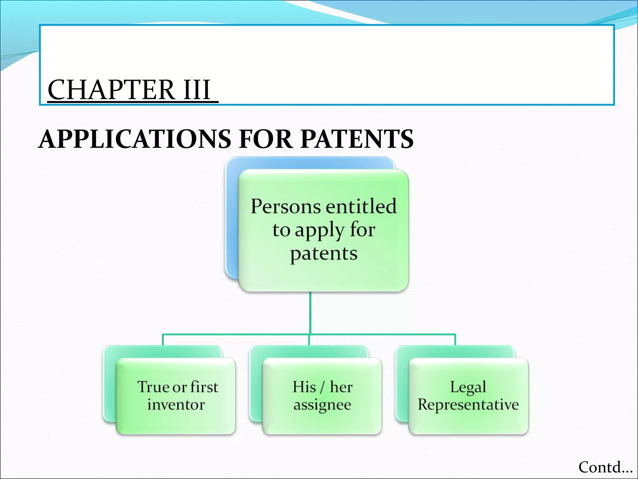 CHAPTER III
APPLICATIONS FOR PATENTS
Contd...
 