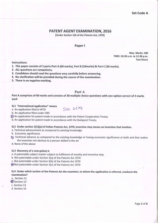 Patent agent exam 2016 paper I answers 