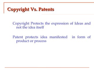 Copyright Vs. PatentsCopyright Vs. Patents
Copyright Protects the expression of Ideas and
not the idea itself
Patent protects idea manifested in form of
product or process
 