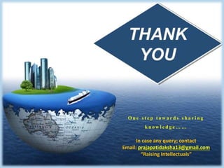 One step towards sharing
knowledge……
In case any query; contact
Email: prajapatidaksha13@gmail.com
“Raising Intellectuals”
 