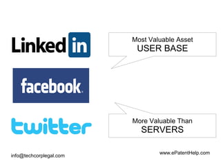 info@techcorplegal.com
Most Valuable Asset
USER BASE
More Valuable Than
SERVERS
www.ePatentHelp.com
 