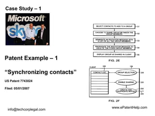 info@techcorplegal.com
Case Study – 1
Patent Example – 1
“Synchronizing contacts”
US Patent 7743024
Filed: 05/01/2007
www....