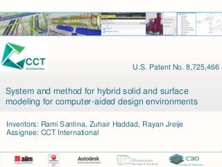The information in this presentation is Confidential and Proprietary to Computers & Communication Technology (CCT).
Reproduction or distribution is prohibited.
The information in this presentation is Confidential and Proprietary to Computers & Communication Technology (CCT).
Reproduction or distribution is prohibited.
System and method for hybrid solid and surface
modeling for computer-aided design environments
Inventors: Rami Santina, Zuhair Haddad, Rayan Jreije
Assignee: CCT International
Developer & Distributor Developer & Distributor
U.S. Patent No. 8,725,466
 