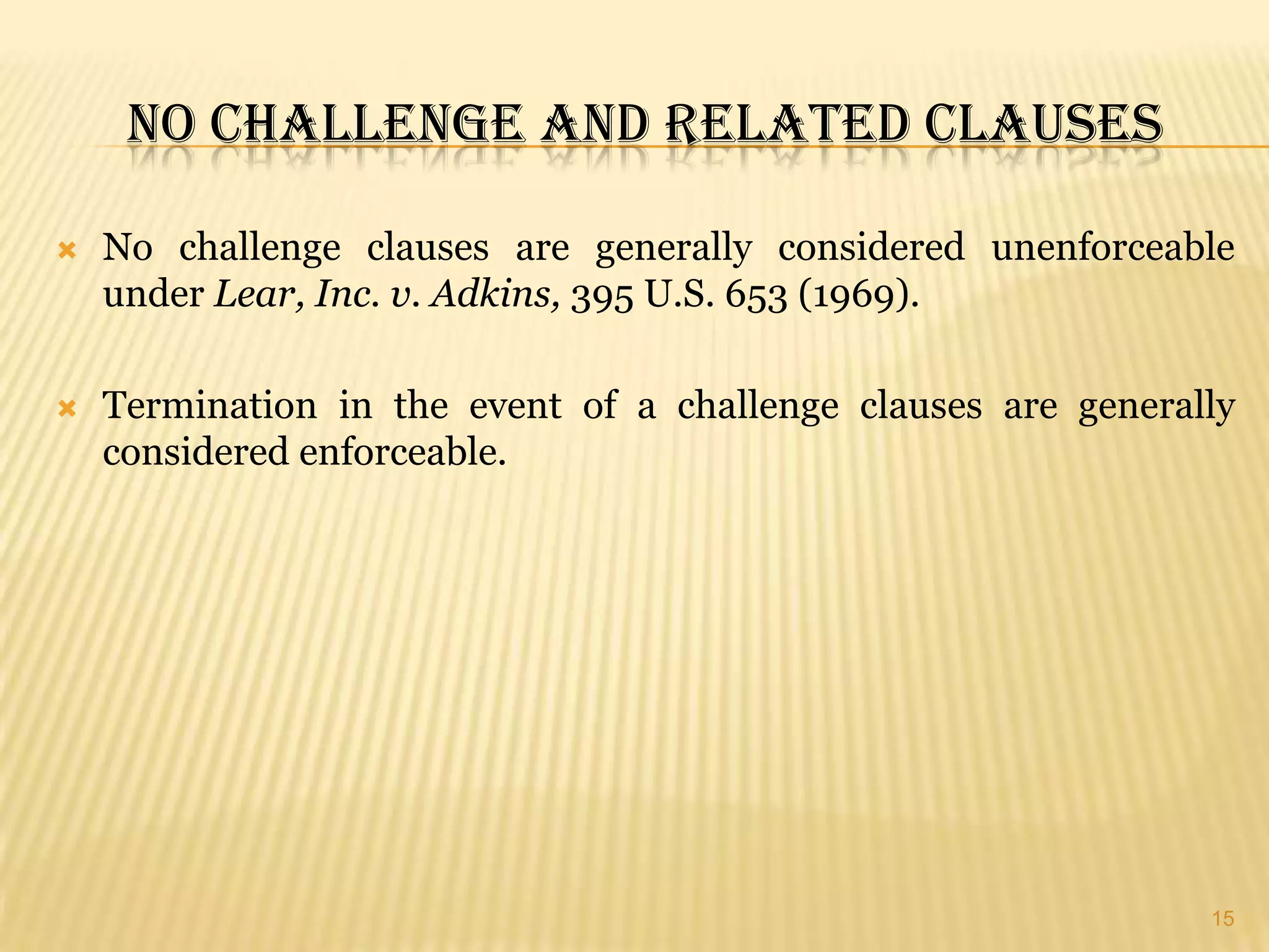 MedImmune v. Genentech ― 8-1 Supreme Court decision issued January 9, 2007	Patent licensee’s can now challenge the scope, infringement, validity and enforceability of a patent licensed from a third party even when the licensee continues to pay royalties on the license. 