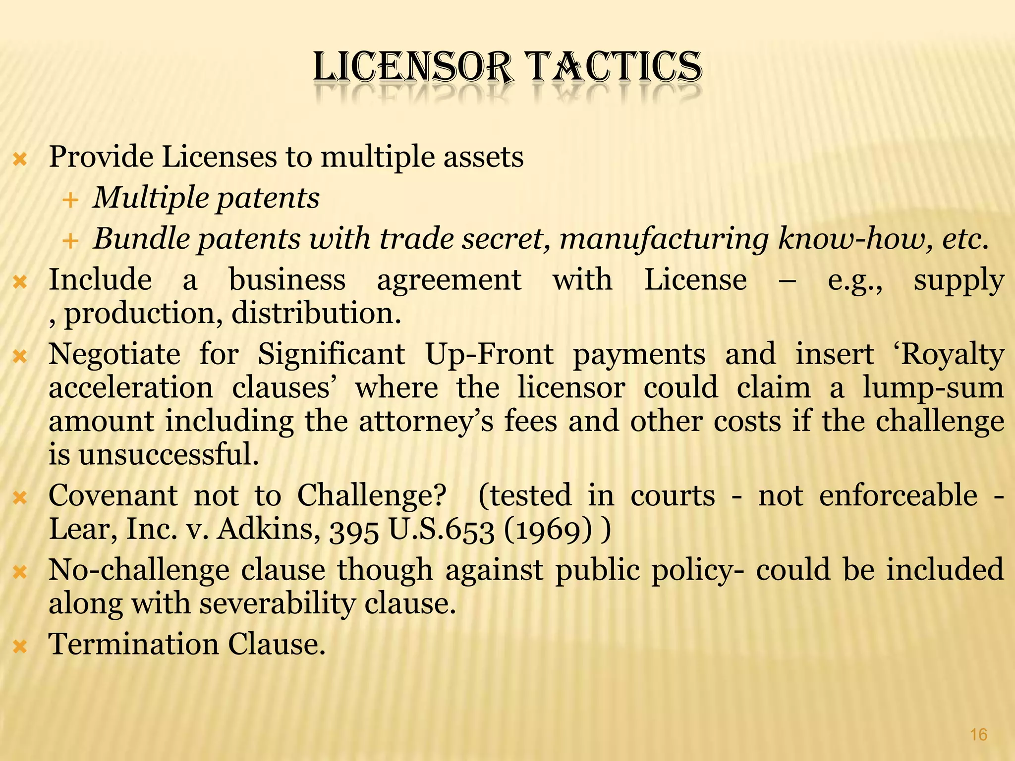 Practical EffectsExisting LicensesLicenseeIncreased freedom to challenge validityLittle to no risk of losing licenseAvoid willfulness (3x damages and attorney fees) and possibly injunctionIncreased bargaining power to renegotiateLicensorGreater risk of litigationWould royalties be due for the period of litigation if the patentee loses?Future Licenses/NegotiationLicensee“License and sue” strategy?LicensorHigher royaltiesHigher front end paymentLicensee cannot get a refund for already paid royalties