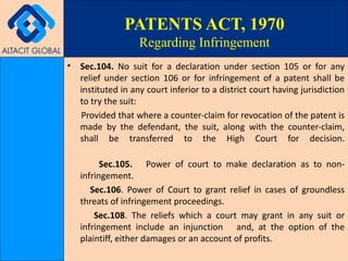 Sec.104.  No suit for a declaration under section 105 or for any relief under section 106 or for infringement of a patent shall be instituted in any court inferior to a district court having jurisdiction to try the suit: Provided that where a counter-claim for revocation of the patent is made by the defendant, the suit, along with the counter-claim, shall be transferred to the High Court for decision. Sec.105.  Power of court to make declaration as to non-infringement. Sec.106 . Power of Court to grant relief in cases of groundless threats of infringement proceedings. Sec.108 . The reliefs which a court may grant in any suit or infringement include an injunction  and, at the option of the plaintiff, either damages or an account of profits. PATENTS ACT, 1970 Regarding Infringement 