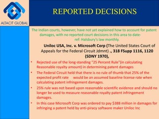 The Indian courts, however, have not yet explained how to account for patent damages, with no reported court decisions in this area to date-  ref: Halsbury’s law monthly. Uniloc USA, Inc. v. Microsoft Corp ( The United States Court of Appeals for the Federal Circuit Jdmnt)  ., 318 FSupp 1116, 1120 (SDNY 1970), Rejected use of the long-standing "25 Percent Rule"(in calculating Reasonable royalty amount) in determining patent damages The Federal Circuit held that there is no rule of thumb that 25% of the expected profit rate  would be an assumed baseline license rate when calculating patent infringement damages. 25% rule was not based upon reasonable scientific evidence and should no longer be used to measure reasonable royalty patent infringement damages. In this case Microsoft Corp was ordered to pay $388 million in damages for infringing a patent held by anti-piracy software maker Uniloc Inc REPORTED DECISIONS 