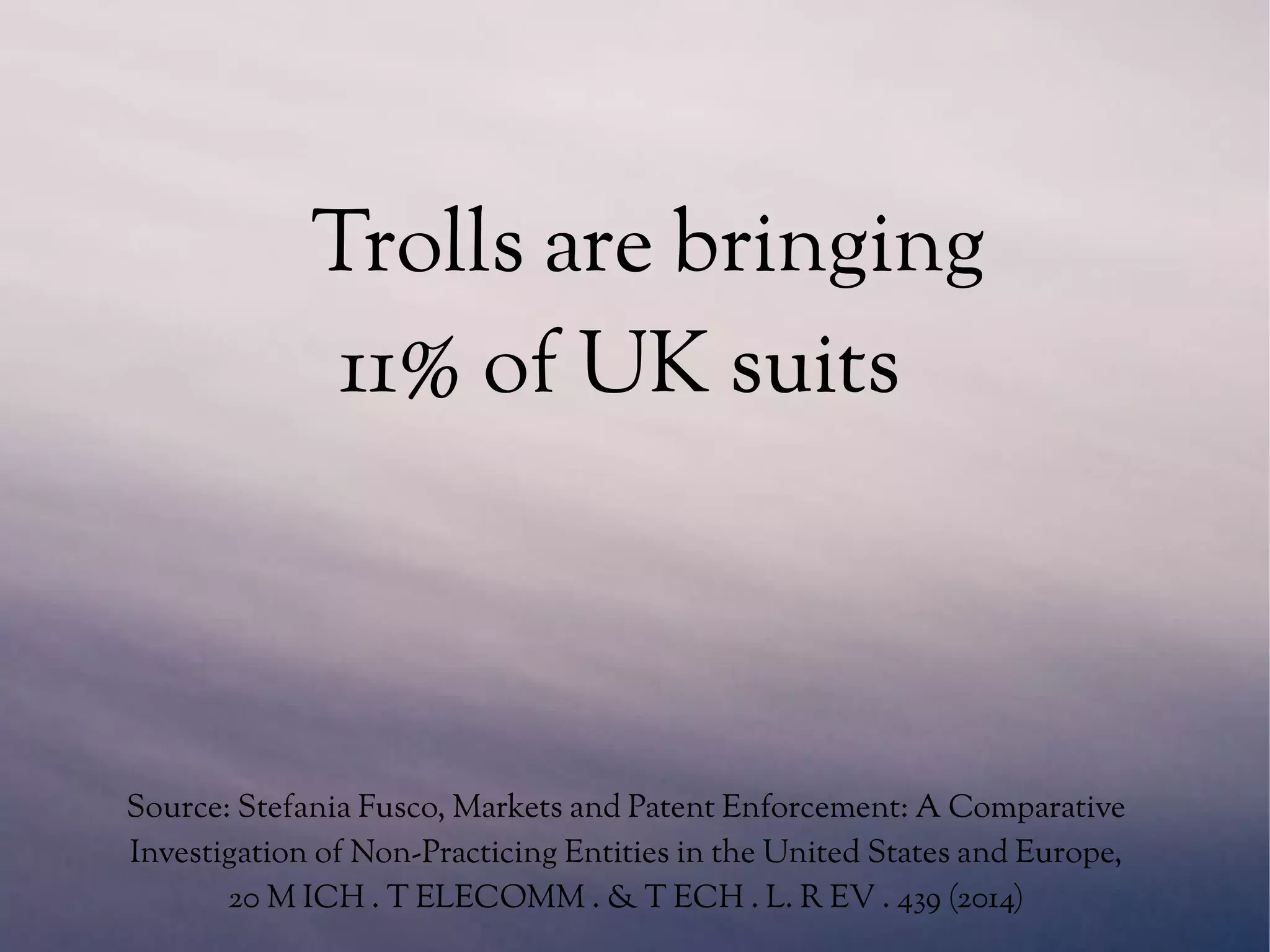 Source: Stefania Fusco, Markets and Patent Enforcement: A Comparative
Investigation of Non-Practicing Entities in the United States and Europe,
20 M ICH . T ELECOMM . & T ECH . L. R EV . 439 (2014)
Trolls are bringing
11% of UK suits
 