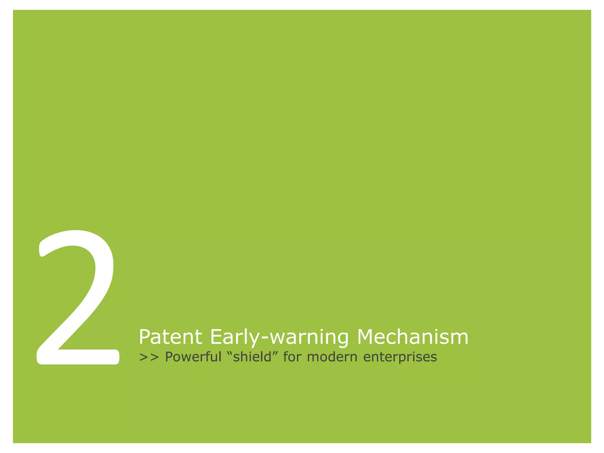 Patent Early-warning Mechanism
>> Powerful “shield” for modern enterprises
 