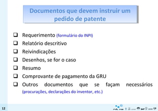 Requerimento  (formulário do INPI) Relatório descritivo Reivindicações Desenhos, se for o caso Resumo Comprovante de pagamento da GRU Outros documentos que se façam necessários  (procurações, declarações do inventor, etc.) Documentos que devem instruir um pedido de patente 