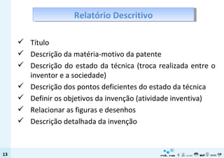Título  Descrição da matéria-motivo da patente Descrição do estado da técnica (troca realizada entre o inventor e a sociedade) Descrição dos pontos deficientes do estado da técnica Definir os objetivos da invenção (atividade inventiva) Relacionar as figuras e desenhos Descrição detalhada da invenção Relatório Descritivo 