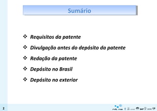 Sumário Requisitos da patente Divulgação antes do depósito da patente Redação da patente Depósito no Brasil Depósito no exterior 