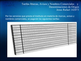 Tarifas Marcas, Avisos y Nombres Comerciales    y  Denominaciones de Origen Jesus Rafael 142073 Por los servicios que presta el Instituto en materia de marcas, avisos y nombres comerciales, se pagarán las siguientes tarifas:  