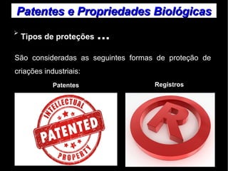 Patentes ee PPrroopprriieeddaaddeess BBiioollóóggiiccaass 
➢ Tipos de proteções ... 
São consideradas as seguintes formas de proteção de 
criações industriais: 
Patentes Registros 
 