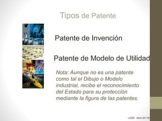 Tipos de Patente
Patente de Invención
Patente de Modelo de Utilidad
LASR Abril 2011®
Nota: Aunque no es una patente
como tal el Dibujo o Modelo
industrial, recibe el reconocimiento
del Estado para su protección
mediante la figura de las patentes.
 