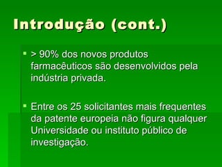 Introdução (cont.) > 90% dos novos produtos farmacêuticos são desenvolvidos pela indústria privada. Entre os 25 solicitantes mais frequentes da patente europeia não figura qualquer Universidade ou instituto público de investigação. 