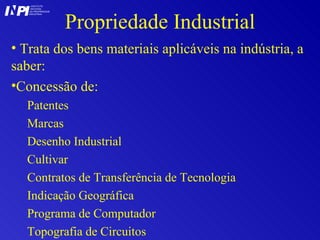 Propriedade Industrial Trata dos bens materiais aplicáveis na indústria, a saber: Concessão de: Patentes Marcas  Desenho Industrial Cultivar Contratos de Transferência de Tecnologia Indicação Geográfica Programa de Computador Topografia de Circuitos I I INSTITUTO NACIONAL DA PROPRIEDADE INDUSTRIAL P 