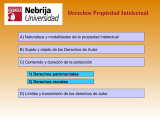 Derechos Propiedad Intelectual


A) Naturaleza y modalidades de la propiedad intelectual


B) Sujeto y objeto de los Derechos de Autor


C) Contenido y duración de la protección

    1) Derechos patrimoniales
    2) Derechos morales

D) Límites y transmisión de los derechos de autor
 