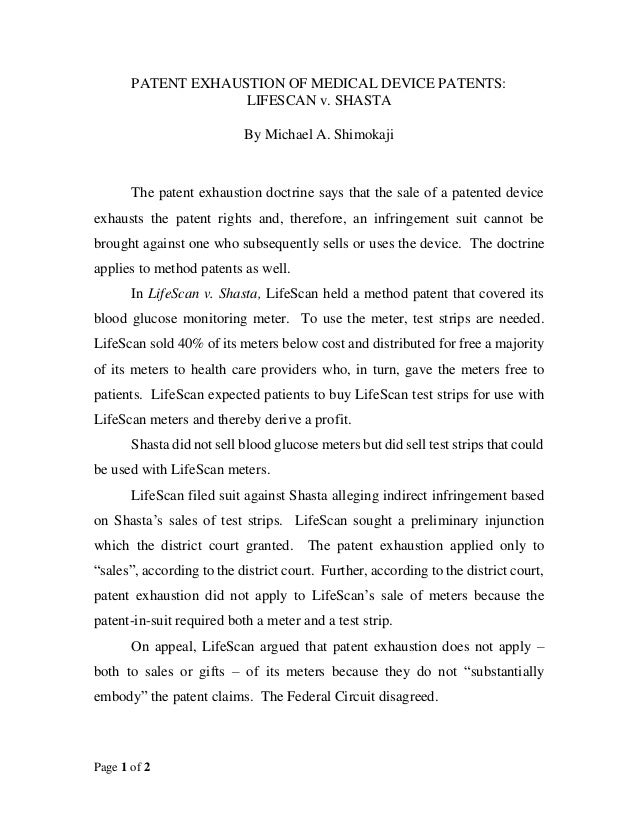Patent Exhaustion of Medical Device Patents Lifescan v. Shasta by