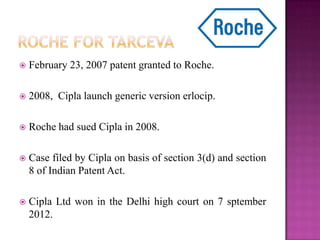  February 23, 2007 patent granted to Roche.
 2008, Cipla launch generic version erlocip.
 Roche had sued Cipla in 2008.
 Case filed by Cipla on basis of section 3(d) and section
8 of Indian Patent Act.
 Cipla Ltd won in the Delhi high court on 7 sptember
2012.
 