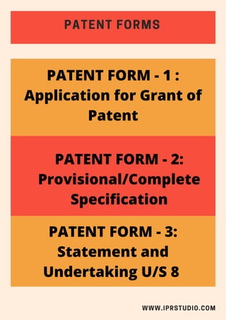 PATENT FORMS
PATENT FORM - 1 :
Application for Grant of
Patent
PATENT FORM - 3:
Statement and
Undertaking U/S 8
PATENT FORM - 2:
Provisional/Complete
Specification
WWW.IPRSTUDIO.COM
 