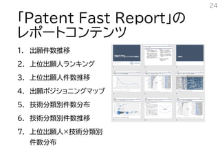 「Patent Fast Report」の
レポートコンテンツ
1. 出願件数推移
2. 上位出願人ランキング
3. 上位出願人件数推移
4. 出願ポジショニングマップ
5. 技術分類別件数分布
6. 技術分類別件数推移
7. 上位出願人×技術分類別
件数分布
24
 