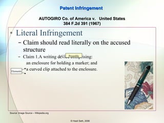 Two Step Process Read  the claims  on the accused structure Literal Infringement Doctrine of Equivalence Patent Infringement © Hasit Seth, 2006 Source:  AUTOGIRO Co. of America v.  United States 384 F.2d 391 (1967) 