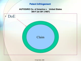 DoE Even without a literal overlap, a structure infringes if it performs the  substantially  – same function, same way, and in the same way. Test: F-W-R (Function-Way-Result)  Penwalt Corp. v. Durand-Wayland, Inc. 833 F.2d 931,934  (Fed. Cir. 1987) Patent Infringement © Hasit Seth, 2006 Source: Image Source – Wikipedia.org AUTOGIRO Co. of America v.  United States 384 F.2d 391 (1967) 