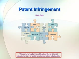 Patent Infringement Hasit Seth This communication is not legal advice and is not intended to form or solicit an attorney-client relationship. Spec PHOSITA Judge Obviousness Jury Damages Claims Experts 