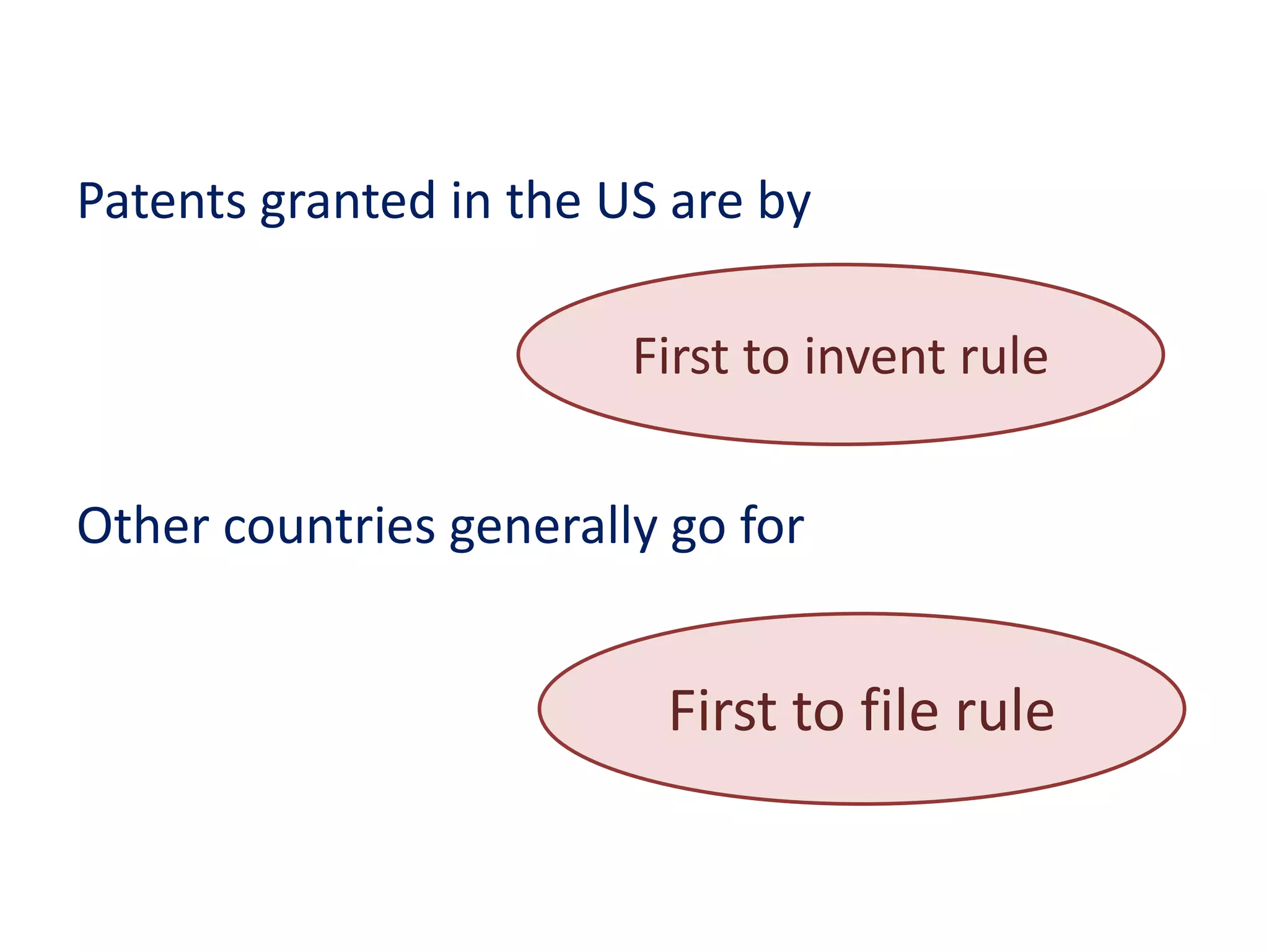 Patents granted in the US are by
Other countries generally go for
First to invent rule
First to file rule
 
