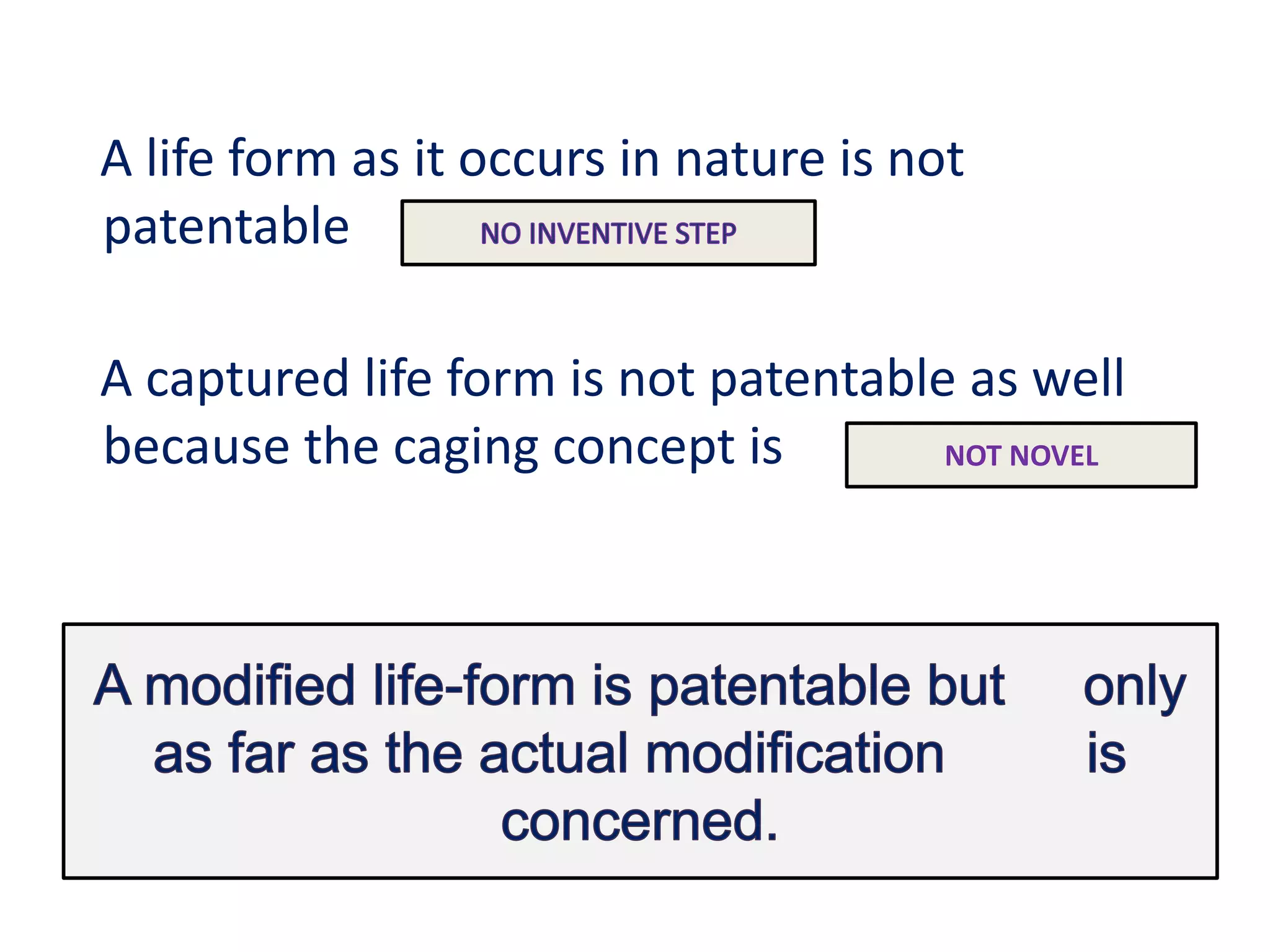 A life form as it occurs in nature is not
patentable
A captured life form is not patentable as well
because the caging concept is NOT NOVEL
 