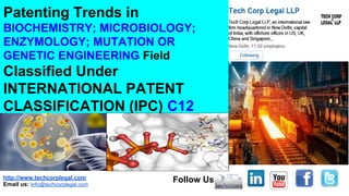 http://www.techcorplegal.com
Email us: info@techcorplegal.com
Follow Us
Patenting Trends in
BIOCHEMISTRY; MICROBIOLOGY;
ENZYMOLOGY; MUTATION OR
GENETIC ENGINEERING Field
Classified Under
INTERNATIONAL PATENT
CLASSIFICATION (IPC) C12
 