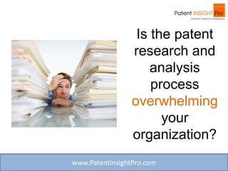 is the patent
                research and
              analysis process
               overwhelming
                     your
               organization?



www.PatentInsightPro.com
 