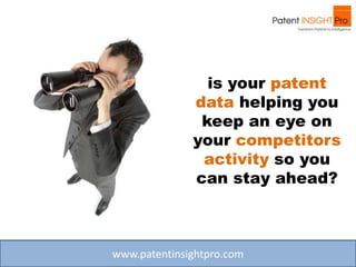 is your patent
              data helping you
               keep an eye on
              your competitors
               activity so you
              can stay ahead?



www.patentinsightpro.com
 
