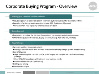 Business Sense • IP Matters
Corporate Buying Program - Overview
•Reduce exposure to corporate patent assertions by buildin...