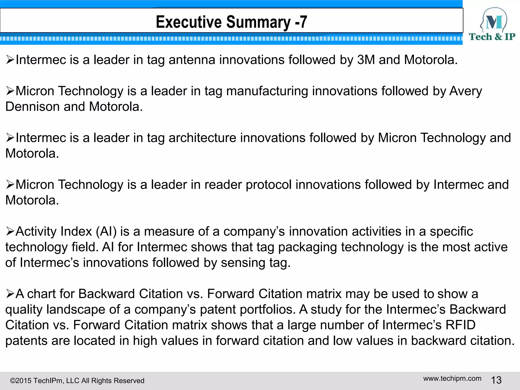 ©2015 TechIPm, LLC All Rights Reserved www.techipm.com 13
Intermec is a leader in tag antenna innovations followed by 3M and Motorola.
Micron Technology is a leader in tag manufacturing innovations followed by Avery
Dennison and Motorola.
Intermec is a leader in tag architecture innovations followed by Micron Technology and
Motorola.
Micron Technology is a leader in reader protocol innovations followed by Intermec and
Motorola.
Activity Index (AI) is a measure of a company’s innovation activities in a specific
technology field. AI for Intermec shows that tag packaging technology is the most active
of Intermec’s innovations followed by sensing tag.
A chart for Backward Citation vs. Forward Citation matrix may be used to show a
quality landscape of a company’s patent portfolios. A study for the Intermec’s Backward
Citation vs. Forward Citation matrix shows that a large number of Intermec’s RFID
patents are located in high values in forward citation and low values in backward citation.
Executive Summary -7
 
