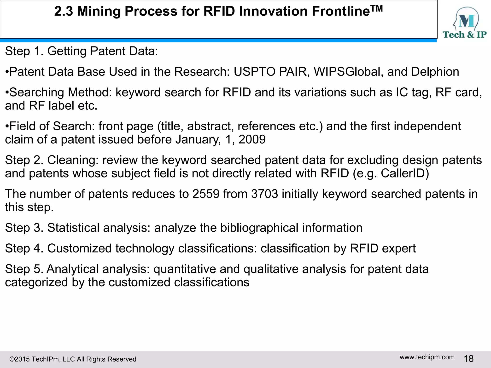 ©2015 TechIPm, LLC All Rights Reserved www.techipm.com 18
2.3 Mining Process for RFID Innovation FrontlineTM
Step 1. Getting Patent Data:
•Patent Data Base Used in the Research: USPTO PAIR, WIPSGlobal, and Delphion
•Searching Method: keyword search for RFID and its variations such as IC tag, RF card,
and RF label etc.
•Field of Search: front page (title, abstract, references etc.) and the first independent
claim of a patent issued before January, 1, 2009
Step 2. Cleaning: review the keyword searched patent data for excluding design patents
and patents whose subject field is not directly related with RFID (e.g. CallerID)
The number of patents reduces to 2559 from 3703 initially keyword searched patents in
this step.
Step 3. Statistical analysis: analyze the bibliographical information
Step 4. Customized technology classifications: classification by RFID expert
Step 5. Analytical analysis: quantitative and qualitative analysis for patent data
categorized by the customized classifications
 