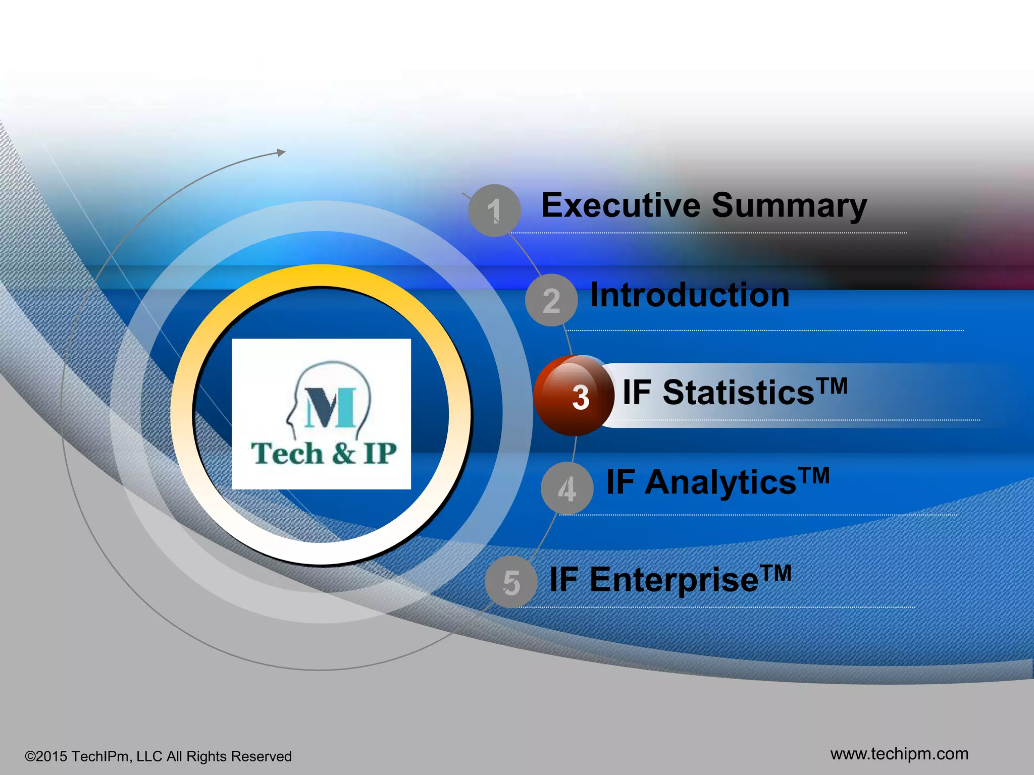 ©2015 TechIPm, LLC All Rights Reserved www.techipm.com
1
3
4
5
IF AnalyticsTM
Introduction
IF StatisticsTM
Executive Summary
IF EnterpriseTM
2
3
 