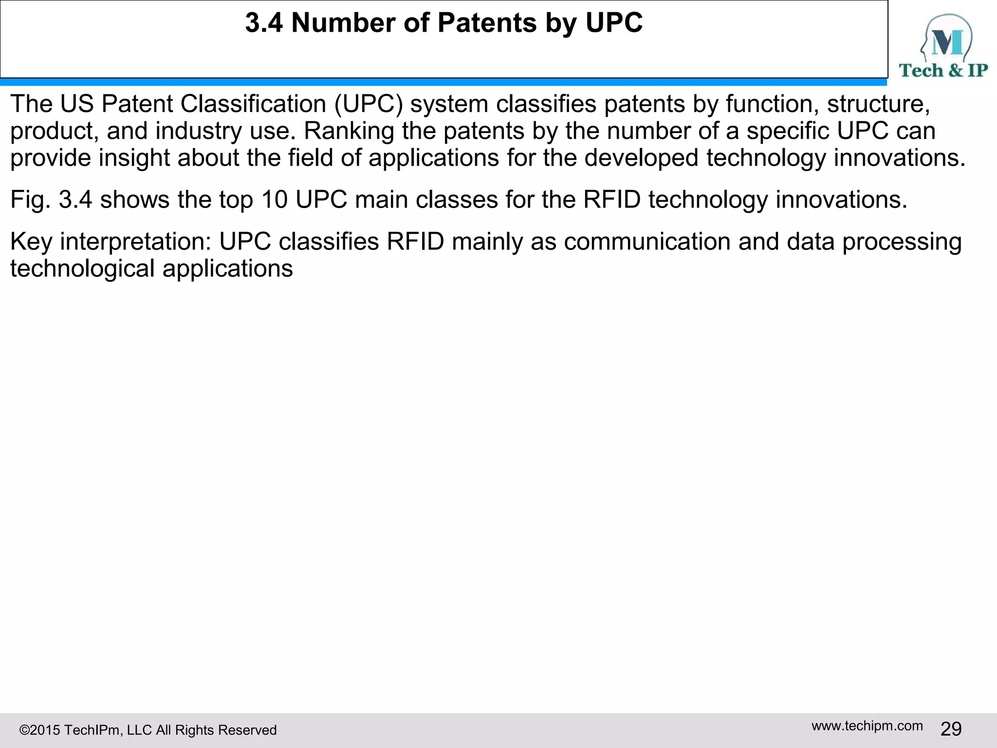 ©2015 TechIPm, LLC All Rights Reserved www.techipm.com 29
3.4 Number of Patents by UPC
The US Patent Classification (UPC) system classifies patents by function, structure,
product, and industry use. Ranking the patents by the number of a specific UPC can
provide insight about the field of applications for the developed technology innovations.
Fig. 3.4 shows the top 10 UPC main classes for the RFID technology innovations.
Key interpretation: UPC classifies RFID mainly as communication and data processing
technological applications
 