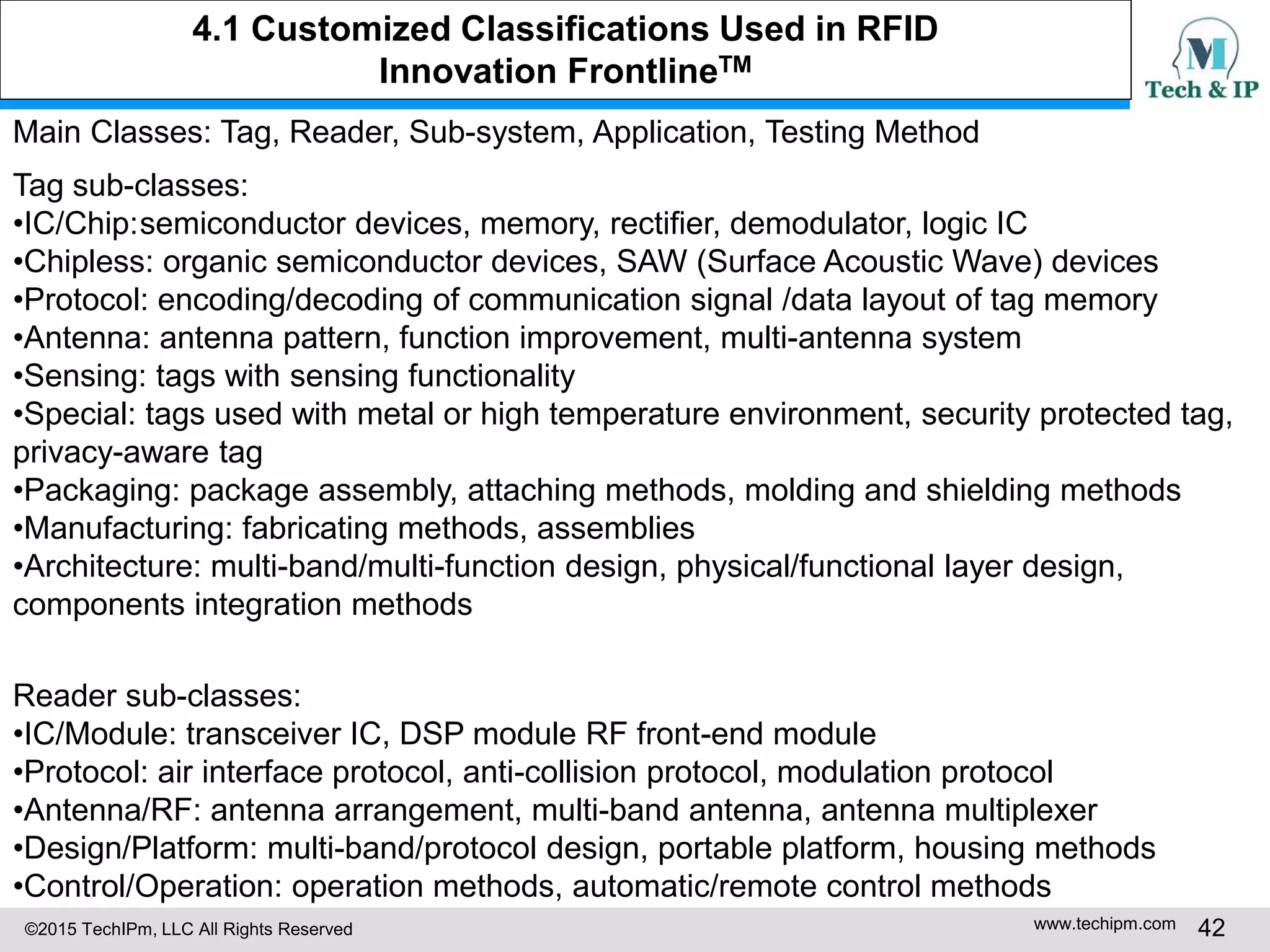 ©2015 TechIPm, LLC All Rights Reserved www.techipm.com 42
4.1 Customized Classifications Used in RFID
Innovation FrontlineTM
Main Classes: Tag, Reader, Sub-system, Application, Testing Method
Tag sub-classes:
•IC/Chip:semiconductor devices, memory, rectifier, demodulator, logic IC
•Chipless: organic semiconductor devices, SAW (Surface Acoustic Wave) devices
•Protocol: encoding/decoding of communication signal /data layout of tag memory
•Antenna: antenna pattern, function improvement, multi-antenna system
•Sensing: tags with sensing functionality
•Special: tags used with metal or high temperature environment, security protected tag,
privacy-aware tag
•Packaging: package assembly, attaching methods, molding and shielding methods
•Manufacturing: fabricating methods, assemblies
•Architecture: multi-band/multi-function design, physical/functional layer design,
components integration methods
Reader sub-classes:
•IC/Module: transceiver IC, DSP module RF front-end module
•Protocol: air interface protocol, anti-collision protocol, modulation protocol
•Antenna/RF: antenna arrangement, multi-band antenna, antenna multiplexer
•Design/Platform: multi-band/protocol design, portable platform, housing methods
•Control/Operation: operation methods, automatic/remote control methods
 