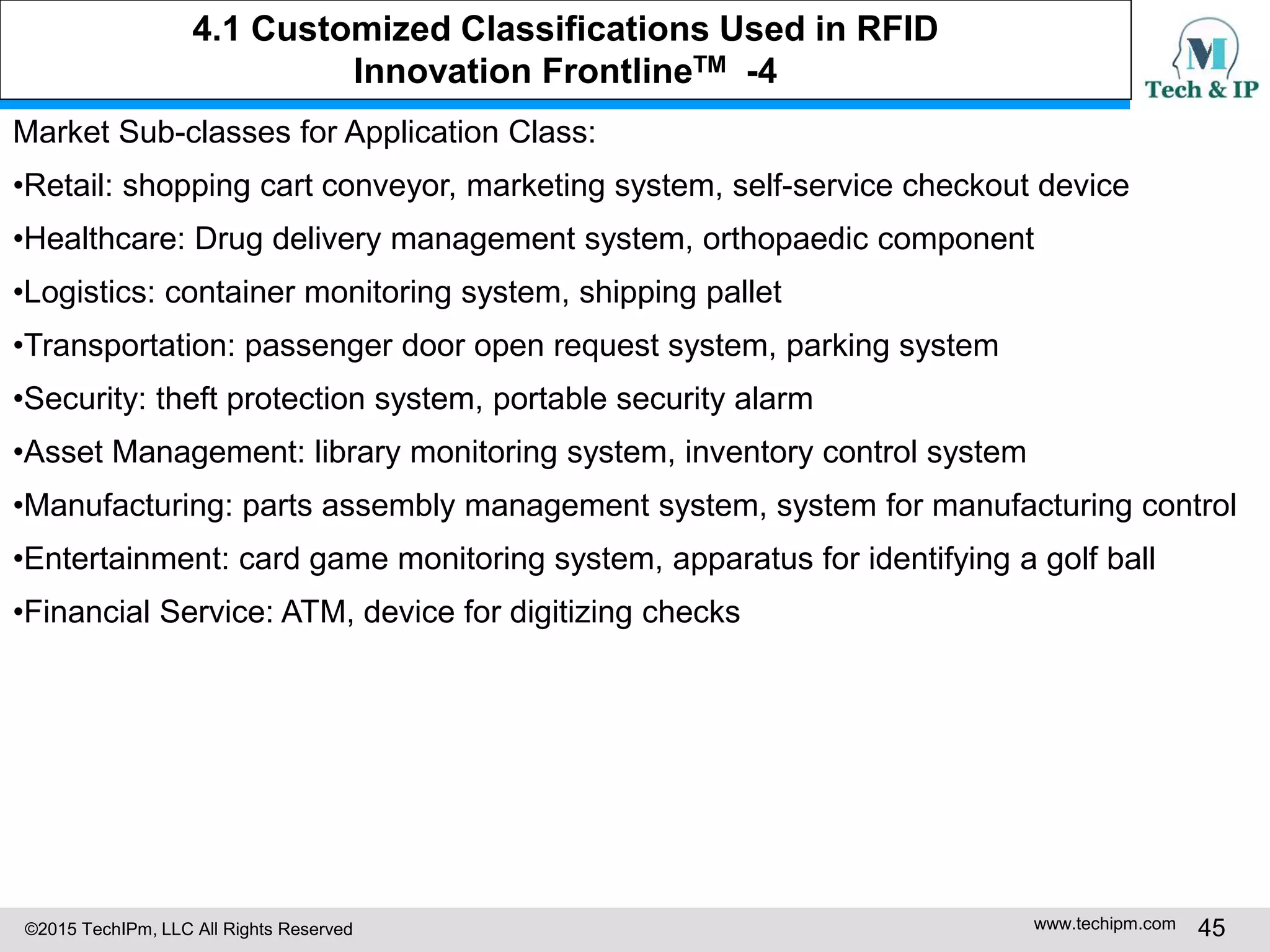 ©2015 TechIPm, LLC All Rights Reserved www.techipm.com 45
Market Sub-classes for Application Class:
•Retail: shopping cart conveyor, marketing system, self-service checkout device
•Healthcare: Drug delivery management system, orthopaedic component
•Logistics: container monitoring system, shipping pallet
•Transportation: passenger door open request system, parking system
•Security: theft protection system, portable security alarm
•Asset Management: library monitoring system, inventory control system
•Manufacturing: parts assembly management system, system for manufacturing control
•Entertainment: card game monitoring system, apparatus for identifying a golf ball
•Financial Service: ATM, device for digitizing checks
4.1 Customized Classifications Used in RFID
Innovation FrontlineTM -4
 