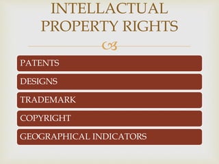 INTELLACTUAL 
PROPERTY RIGHTS 
 
PATENTS 
DESIGNS 
TRADEMARK 
COPYRIGHT 
GEOGRAPHICAL INDICATORS 
 