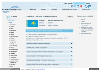 Login / Register

ABOUT US

PATENTS

PATENTS

DESIGNS

PLANT BREEDERS RIGHTS

KAZAKHSTAN - EURASIAN PATENT CONVENTION

7:44:02

CONTACT US

PATENTS NEWS & UPDATES
1. Demo2

CONTINENTS

COUNTRY

:

LANGUAGE

BAHRAIN

: REPUBLIC OF KAZAKHSTAN

CAPITAL

ASIA

: KAZAKH / RUSSIAN

ASTANA

CHINA
INDIA
INDONESIA

Search

INTERNATIONAL TREATIES TO WHICH KAZAKHSTAN IS SIGNATORY

ISRAEL
JAPAN

(i)

Paris Convention for the protection of Industrial Property

KAZAKHSTAN

(ii)

4. INDIAN TECH STARTUPS FILING PATENTS
TO GET GOVERNMENT
FUNDING
5. WEBSITE UPDATE

(iii) Agreement on Trade Related Aspects of Intellectual Property Rights "TRIPS".

KUWAIT

3. WEBSITE UPDATE
FOR PLANTS

Patent Co-operation Treaty PCT.

KOREA

2. Demo1

(iv) Eurasian Patent Convention.

MALAYSIA
OMAN

TIME LINE CLAIMING CONVENTION PRIORITY

PHILIPPINES
QATAR

PATENT LEGISLATION IN KAZAKHSTAN

SAUDI ARABIA
SINGAPORE

BASICS REGARDING PATENTABILITY OF INVENTIONS IN KAZAKHSTAN

TAIWAN
TAJIKISTAN
THAILAND
TURKMENISTAN
UNITED ARAB
EMIRATES
VIETNAM

INVENTIONS NOT PATENTABLE IN KAZAKHSTAN

FILING REQUIREMENTS OF PATENTS IN KAZAKHSTAN

EXAMINATION OF THE PATENT APPLICATION IN KAZAKHSTAN

AFRICA

open in browser PRO version

Are you a developer? Try out the HTML to PDF API

pdfcrowd.com

 
