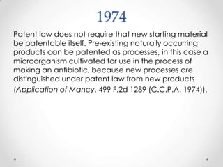 1974Patent law does not require that new starting material be patentable itself. Pre-existing naturally occurring products can be patented as processes, in this case a microorganism cultivated for use in the process of making an antibiotic, because new processes are distinguished under patent law from new products (Application of Mancy, 499 F.2d 1289 (C.C.P.A. 1974)).