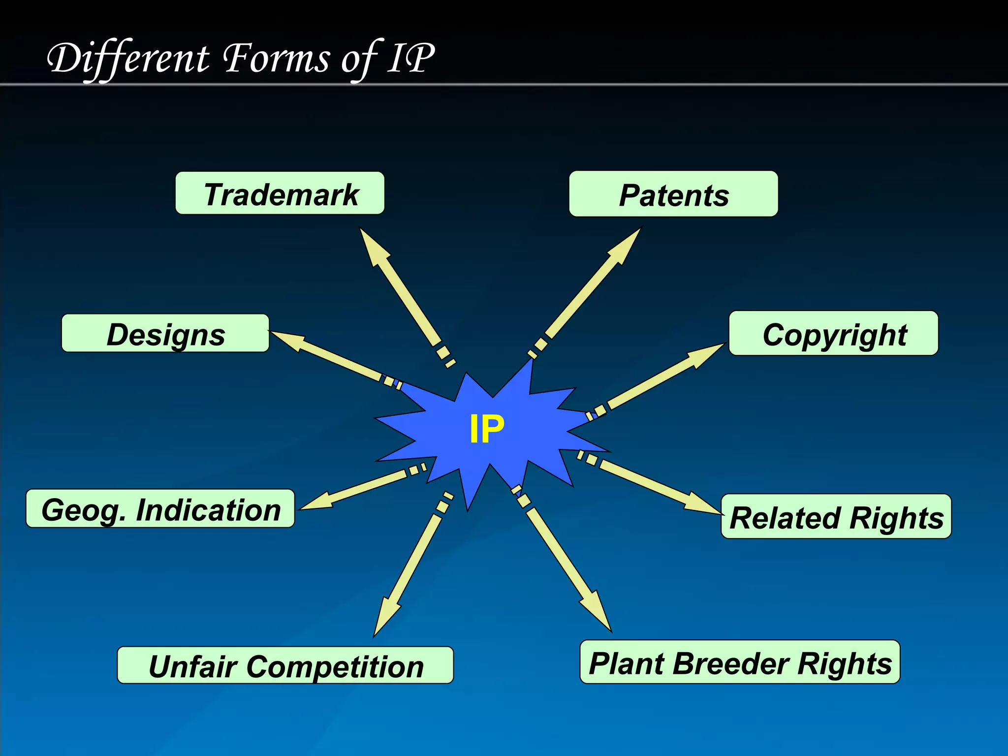 IP Geog. Indication Patents Copyright Trademark Designs Related Rights Plant Breeder Rights Unfair Competition Different Forms of IP 