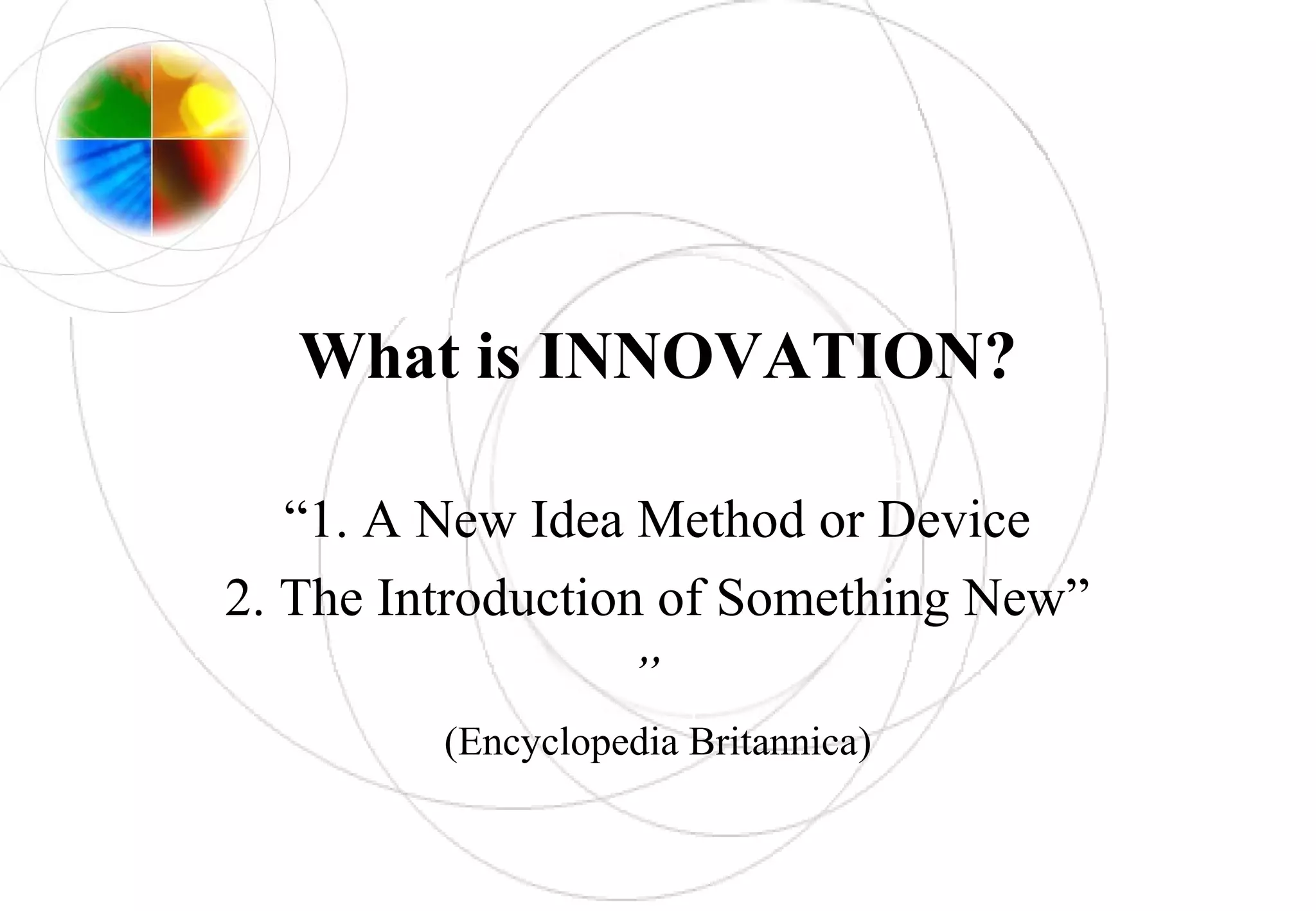 What is INNOVATION?
“1. A New Idea Method or Device
2. The Introduction of Something New”
”
(Encyclopedia Britannica)
 